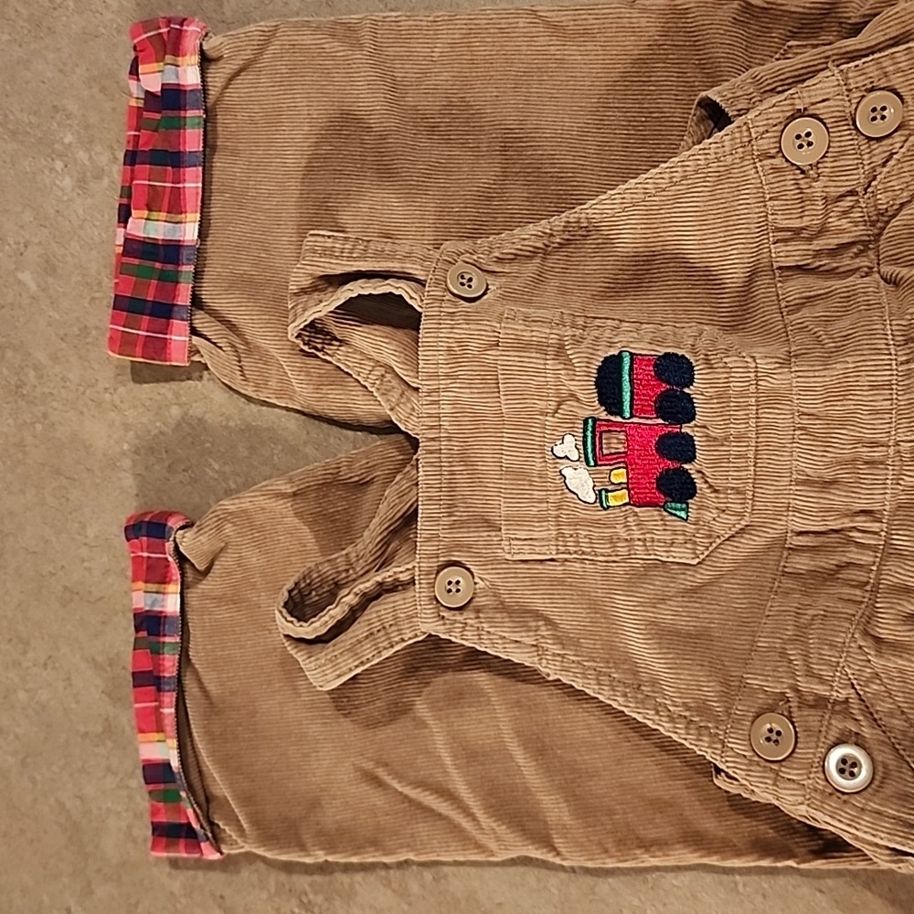 NURSERY RHYME Tan Corduroy Overalls with Plaid Detail Size 18 months